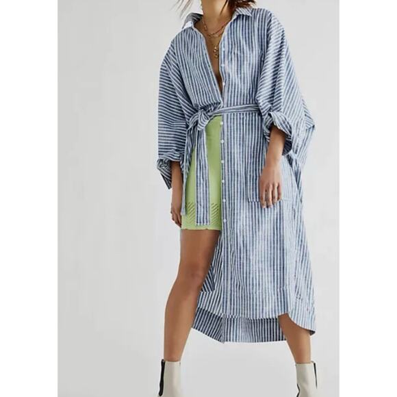 Free People Dresses & Skirts - Free People Jess Oversized Shirt Dress Striped Blue Button Front Tie Women's XS